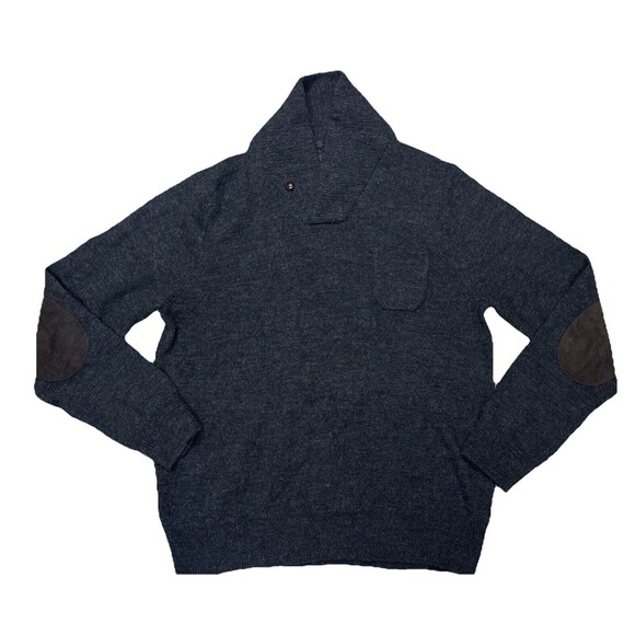 J. CREW L Sweater Jumper Merino Wool Men’s Cowl Leather Elbow Patches Gray Slim - Picture 1 of 7